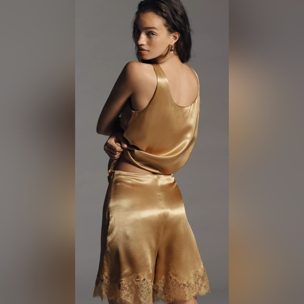 Anthropologie Mare Mare Gold Silky Lace Trim Shorts - Picture 3 of 6